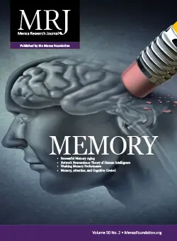 Cover image for the Memory issue of the Mensa Research Journal. The image shows a brain in a head being erased with an eraser from a pencil.