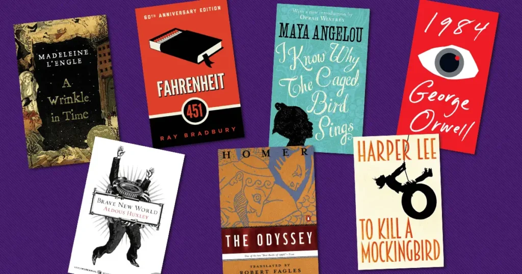 Seven book covers with a purple background.