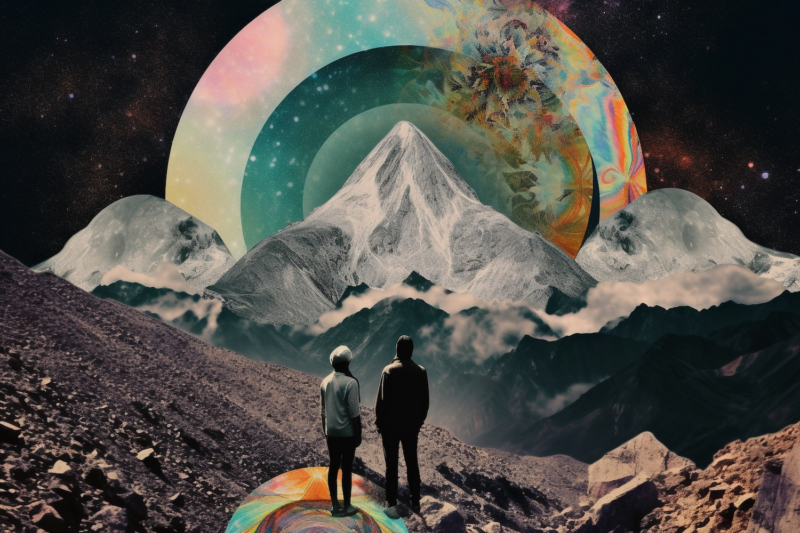 Abstract and surreal illustration of couple watching Earth from mountain